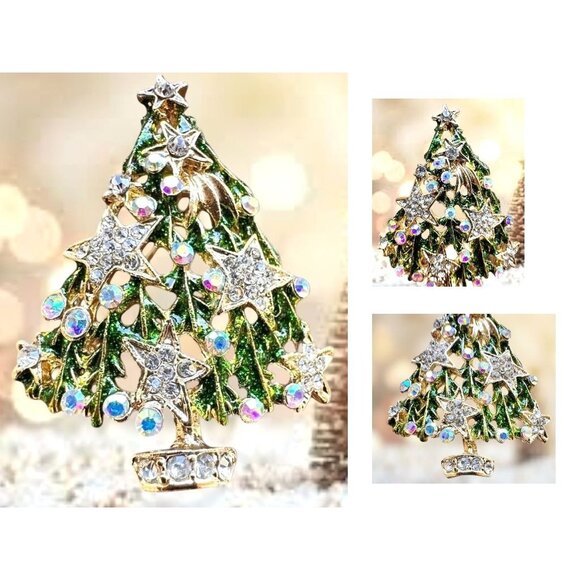 Christmas Tree Brooch Pin New Aurora Borealis Rhinestones Stars Northern… - Picture 11 of 12
